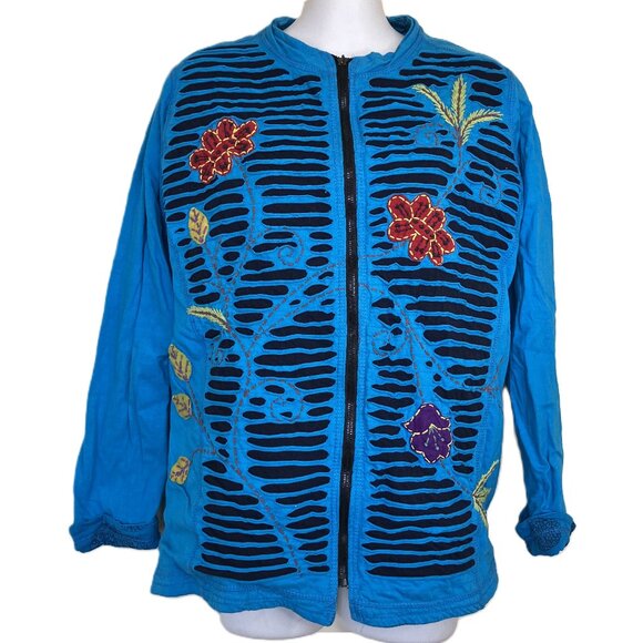 Rising International Zip Up Cardigan Jacket Reversible Blue Razorcut Applique XL - Picture 3 of 9